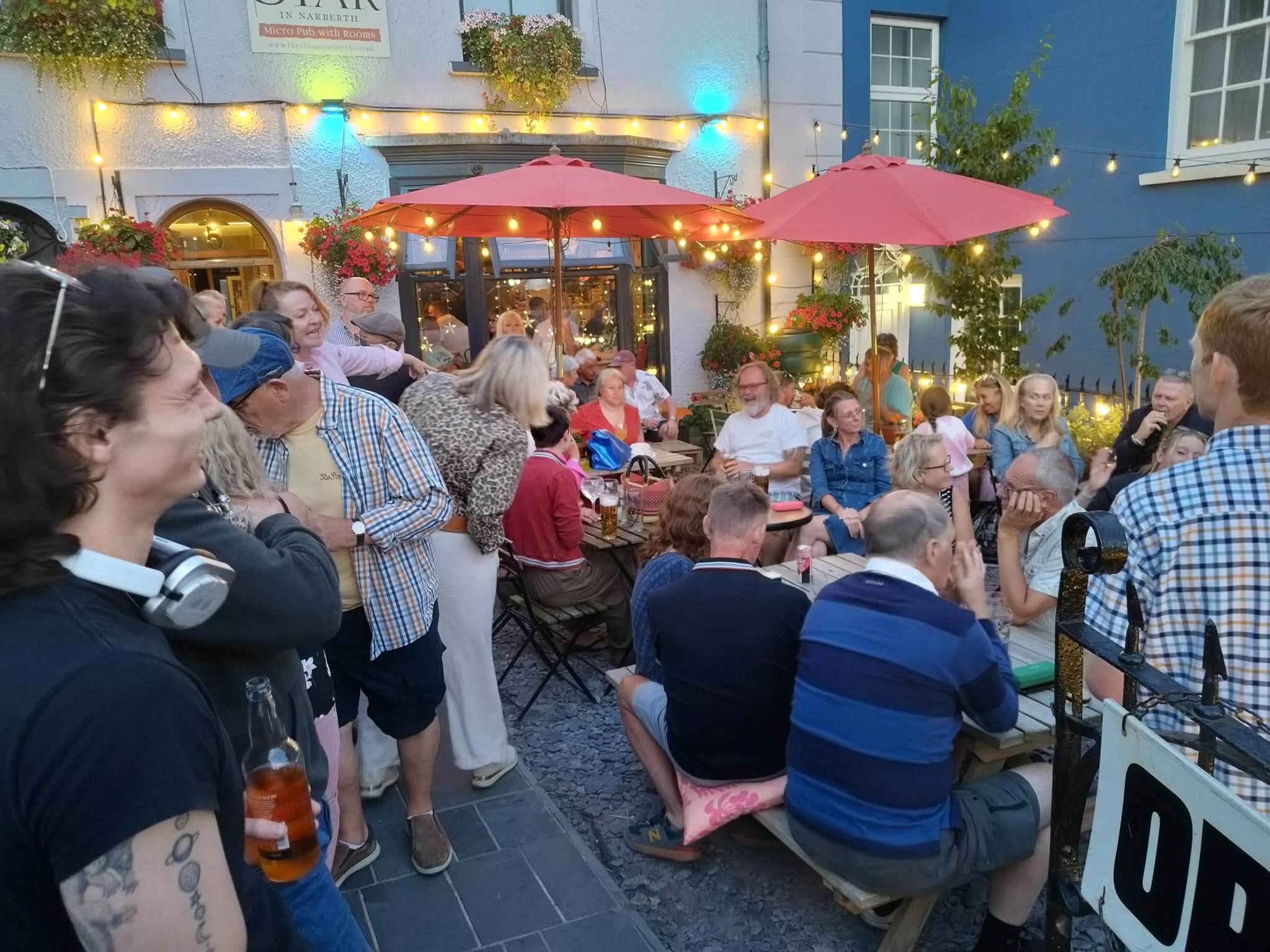 Friends gathering outside The Star Inn in Narberth