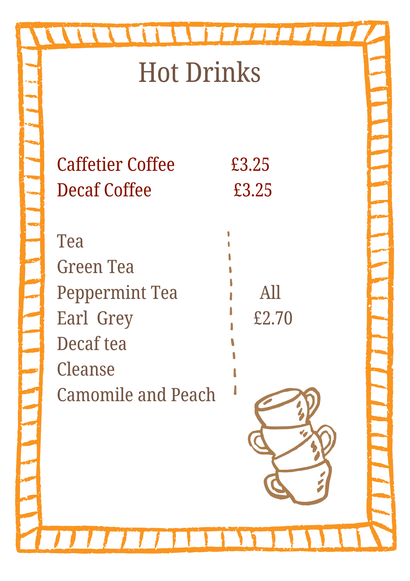 The Star hot drinks menu