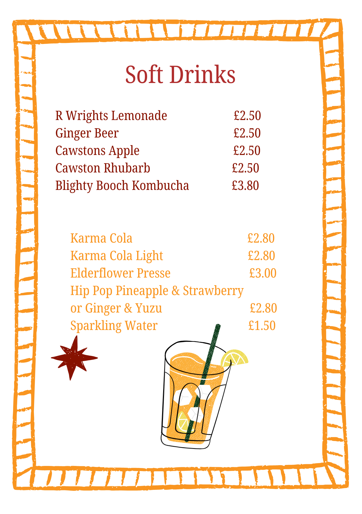 The Star soft drinks menu