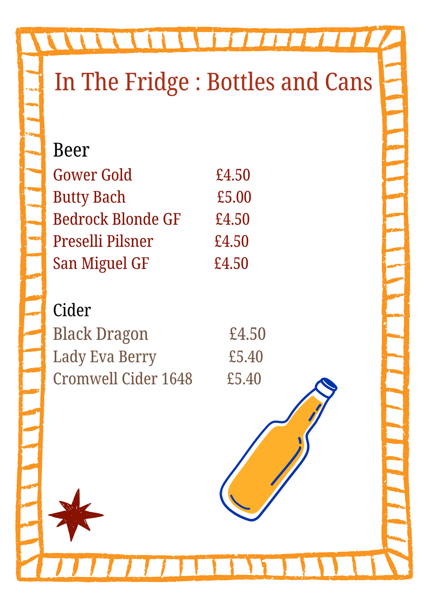 The Star bottled and canned beer and cider menu