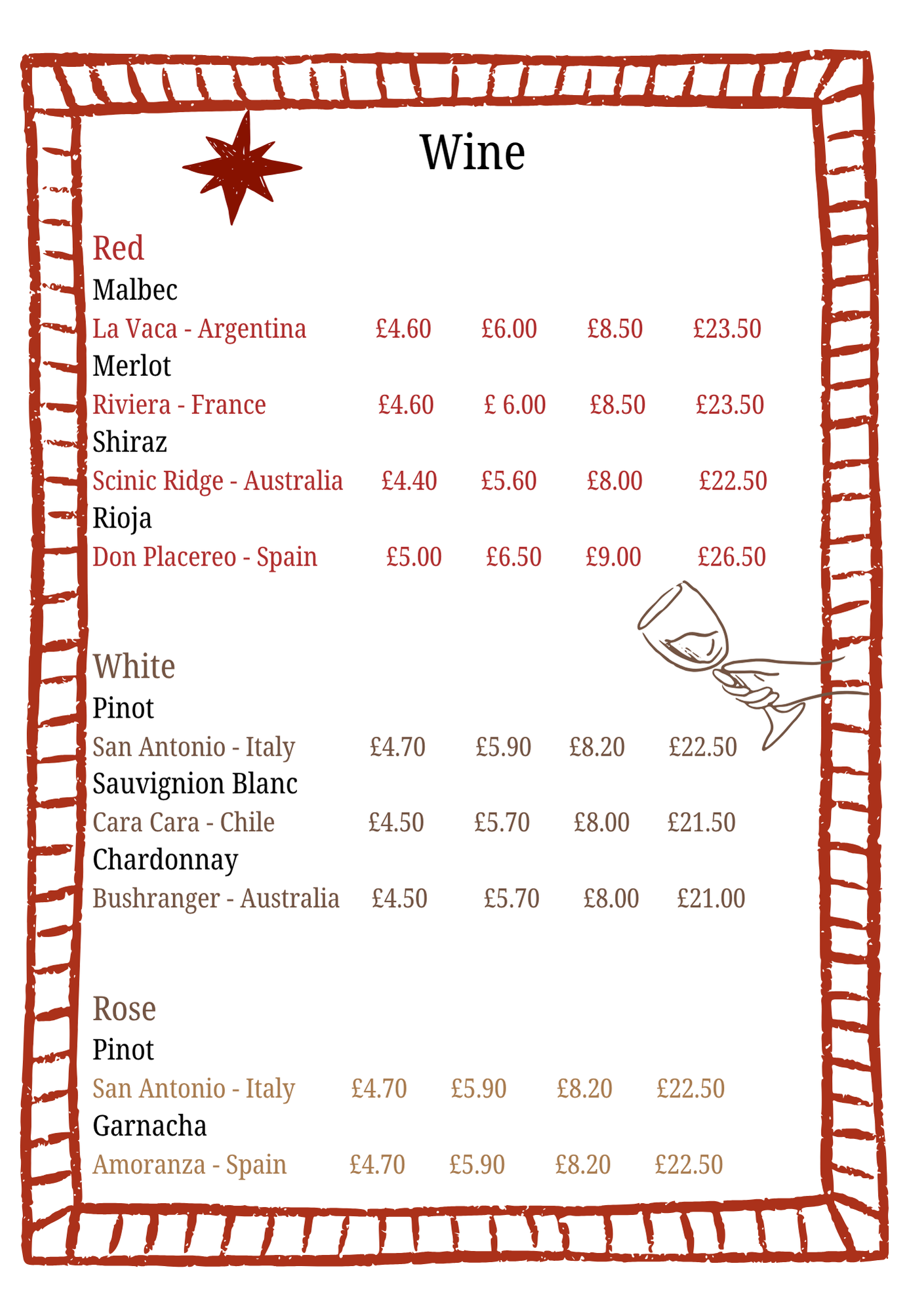 The Star red, white and rose wine menu