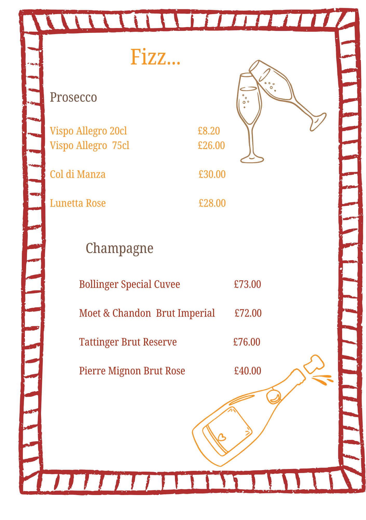 The Star prosecco and champagne menu