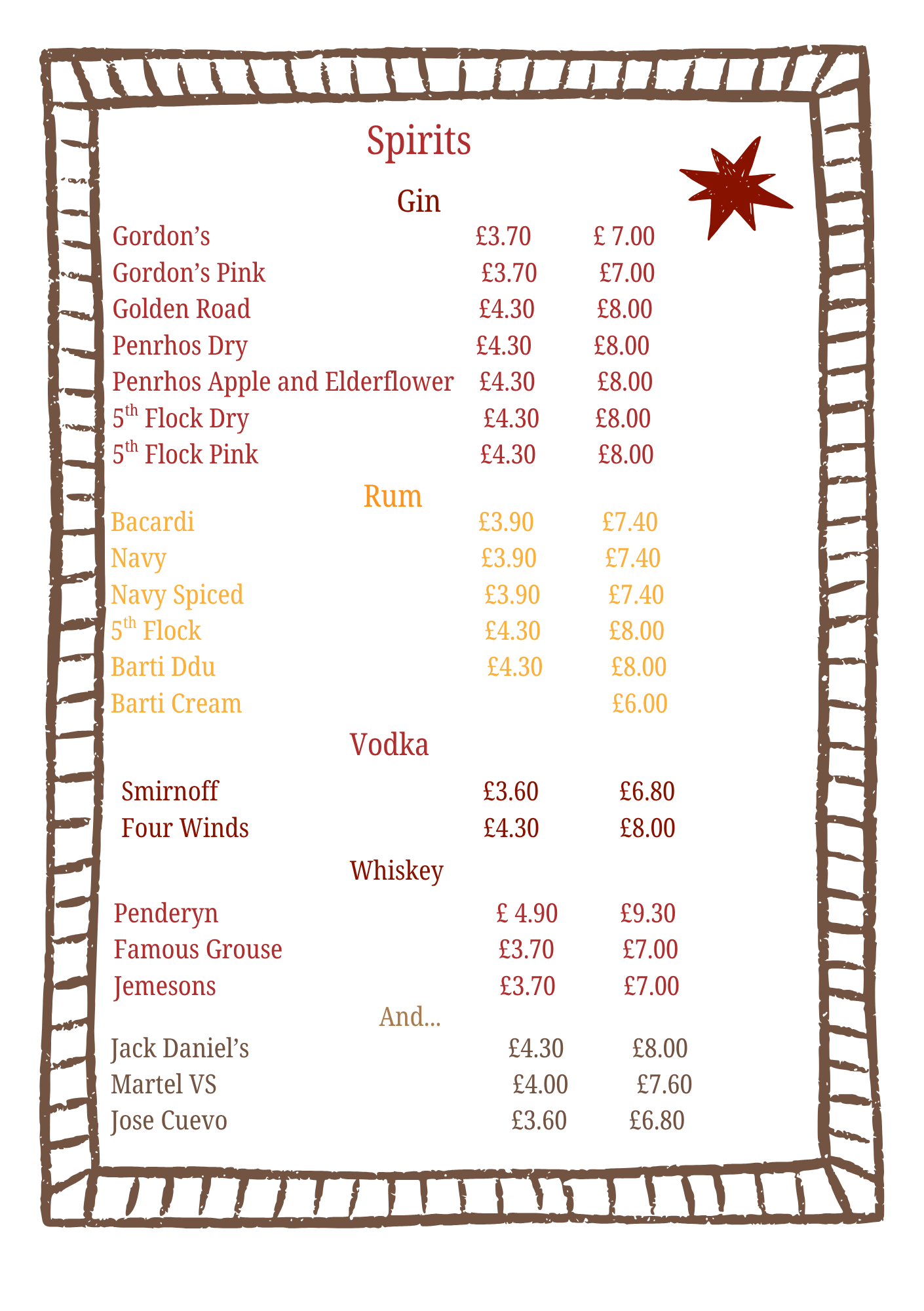 The Star spirits menu