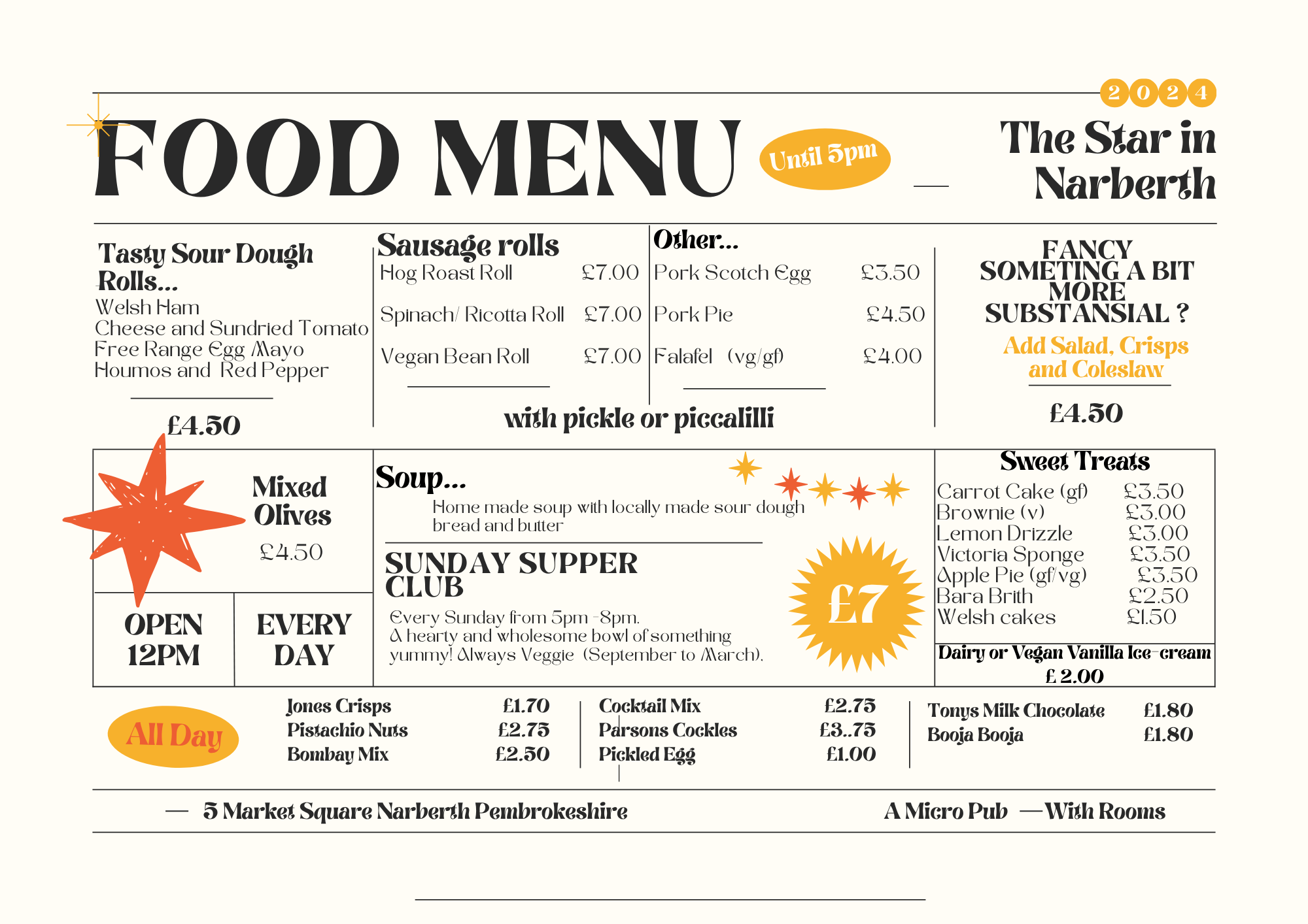 The Star food menu featuring sourdough rolls, sausage rolls, soup, smaller plates, snacks and sweet treats